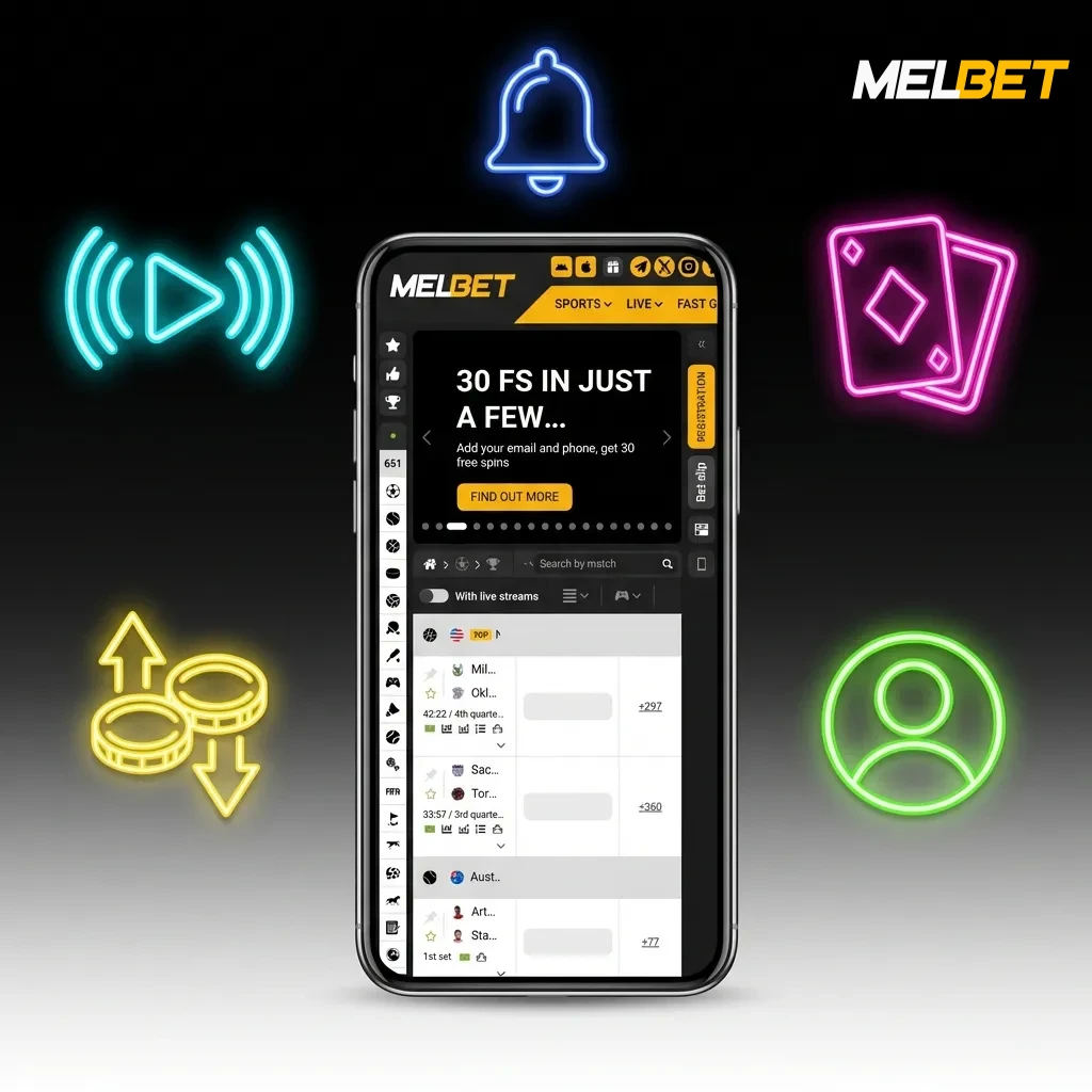 Mobile betting app interface showing live odds, casino games, payment options, and notification features